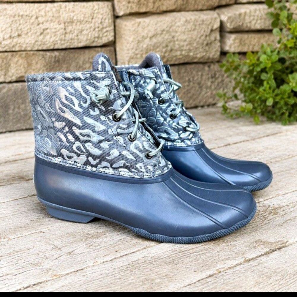 Sperry Saltwater Jacquard Silver Leopard Duck Boots Women’s Size 11 Gray Rain
